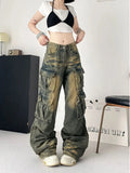 GETADME Y2K American Retro Multi-pocket Overalls Jeans Women New High Street High Waist Loose Straight Tube Slim and Wide Leg Mop Pants
