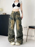 GETADME Y2K American Retro Multi-pocket Overalls Jeans Women New High Street High Waist Loose Straight Tube Slim and Wide Leg Mop Pants