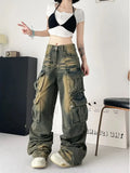 GETADME Y2K American Retro Multi-pocket Overalls Jeans Women New High Street High Waist Loose Straight Tube Slim and Wide Leg Mop Pants