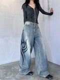 GETADME Y2K American Vintage Mottled Totem Print Baggy Jeans Women's High Waist Wide Leg Jeans Women's Harajuku Trendy Hip-hop Jeans