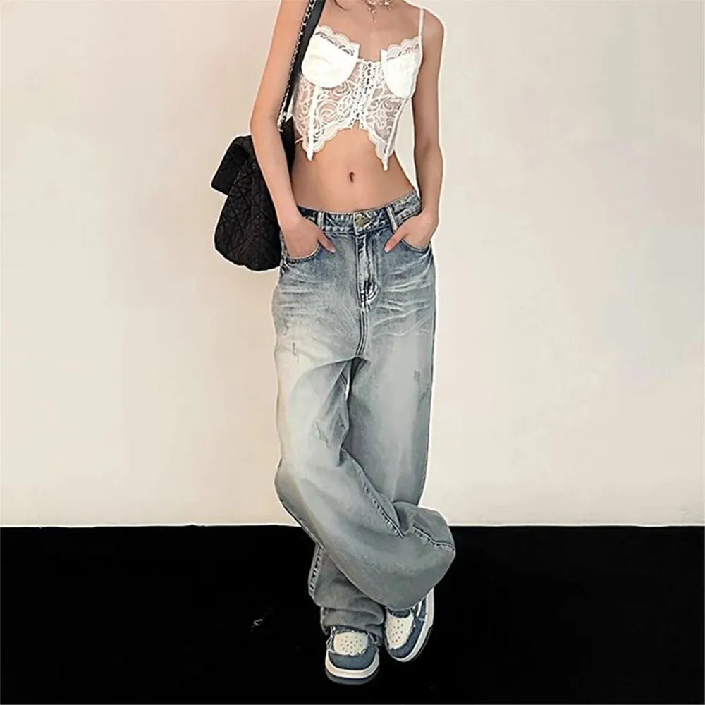 GETADME Y2K Baggy Jeans Women Vintage Streetwear Oversized Retro Korean Style Denim Pants Skinny Hippie Straight Wide Leg Denim Trousers