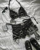 GETADME Y2K 데님 스티칭 및 워싱으로 만드는 올드 투피스 워하라주쿠 고스 롱슬리브 지퍼 코트 미니 플리츠 스커트 가을 코트