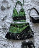 GETADME Y2K 데님 스티칭 및 워싱으로 만드는 올드 투피스 워하라주쿠 고스 롱슬리브 지퍼 코트 미니 플리츠 스커트 가을 코트