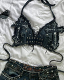 GETADME Y2K 데님 스티칭 및 워싱으로 만드는 올드 투피스 워하라주쿠 고스 롱슬리브 지퍼 코트 미니 플리츠 스커트 가을 코트