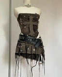 GETADME Y2K 데님 스티칭 및 워싱으로 만드는 올드 투피스 워하라주쿠 고스 롱슬리브 지퍼 코트 미니 플리츠 스커트 가을 코트