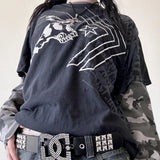GETADME Y2K Grunge Emo Vintage T-shirt 2000s Cross Cyber Goth Patchwork Long Sleeve Tees E-girl Gothic Harajuku Loose Tops Women Men