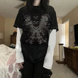 GETADME Y2K Grunge Emo Vintage T-shirt 2000s Cross Cyber Goth Patchwork Long Sleeve Tees E-girl Gothic Harajuku Loose Tops Women Men