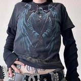GETADME Y2K Grunge Emo Vintage T-shirt 2000s Cross Cyber Goth Patchwork Long Sleeve Tees E-girl Gothic Harajuku Loose Tops Women Men