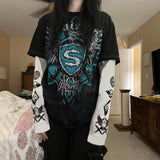 GETADME Y2K Grunge Emo Vintage T-shirt 2000s Cross Cyber Goth Patchwork Long Sleeve Tees E-girl Gothic Harajuku Loose Tops Women Men
