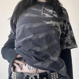 GETADME Y2K Grunge Emo Vintage T-shirt 2000s Cross Cyber Goth Patchwork Long Sleeve Tees E-girl Gothic Harajuku Loose Tops Women Men