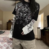 GETADME Y2K Grunge Emo Vintage T-shirt 2000s Cross Cyber Goth Patchwork Long Sleeve Tees E-girl Gothic Harajuku Loose Tops Women Men