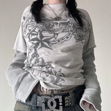 GETADME Y2K Grunge Emo Vintage T-shirt 2000s Cross Cyber Goth Patchwork Long Sleeve Tees E-girl Gothic Harajuku Loose Tops Women Men
