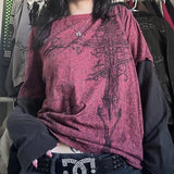 GETADME Y2K Grunge Emo Vintage T-shirt 2000s Cross Cyber Goth Patchwork Long Sleeve Tees E-girl Gothic Harajuku Loose Tops Women Men