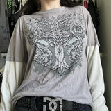 GETADME Y2K Grunge Emo Vintage T-shirt 2000s Cross Cyber Goth Patchwork Long Sleeve Tees E-girl Gothic Harajuku Loose Tops Women Men