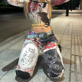 Jean baggy imprimé graffiti rétro style streetwear hip-hop Y2K pour femme, coupe ample, style japonais, décontracté, coupe droite.