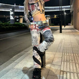Jean baggy imprimé graffiti rétro style streetwear hip-hop Y2K pour femme, coupe ample, style japonais, décontracté, coupe droite.