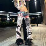 Jean baggy imprimé graffiti rétro style streetwear hip-hop Y2K pour femme, coupe ample, style japonais, décontracté, coupe droite.