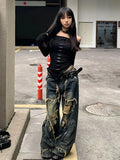 GETADME Y2K High Street Ripped Tassel Washed Baggy Jeans Woman Retro Street Hip-hop Loose Old Fashion Casual High Waist Wide Leg Jeans
