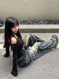 GETADME Y2K High Street Ripped Tassel Washed Baggy Jeans Woman Retro Street Hip-hop Loose Old Fashion Casual High Waist Wide Leg Jeans