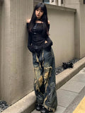 GETADME Y2K High Street Ripped Tassel Washed Baggy Jeans Woman Retro Street Hip-hop Loose Old Fashion Casual High Waist Wide Leg Jeans