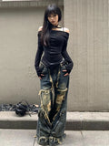 GETADME Y2K High Street Ripped Tassel Washed Baggy Jeans Woman Retro Street Hip-hop Loose Old Fashion Casual High Waist Wide Leg Jeans