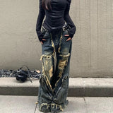 GETADME Y2K High Street Ripped Tassel Washed Baggy Jeans Woman Retro Street Hip-hop Loose Old Fashion Casual High Waist Wide Leg Jeans
