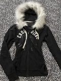 GETADME Y2K Letter Printed Fur Collar Gothic Solid Color Hoodie Women's Slim Personality Black Zipper Sweatshirt Autumn Winter Warm Top