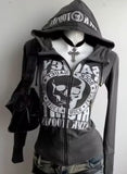GETADME Y2K Letter Printed Fur Collar Gothic Solid Color Hoodie Women's Slim Personality Black Zipper Sweatshirt Autumn Winter Warm Top