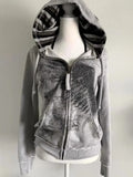 GETADME Y2K Letter Printed Fur Collar Gothic Solid Color Hoodie Women's Slim Personality Black Zipper Sweatshirt Autumn Winter Warm Top