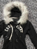 GETADME Y2K Letter Printed Fur Collar Gothic Solid Color Hoodie Women's Slim Personality Black Zipper Sweatshirt Autumn Winter Warm Top