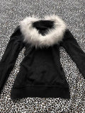 GETADME Y2K Letter Printed Fur Collar Gothic Solid Color Hoodie Women's Slim Personality Black Zipper Sweatshirt Autumn Winter Warm Top