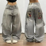 GETADME Y2K New Retro Embroidered Jeans 90s Street Trend Hip Hop Straight Jeans Men's Women's Punk Gothic Casual Loose Wide Legs Pants
