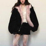 GETADME Y2K Women Clothes Oversize Zip Up Jacket Fox Fur Loose Coats Femme Graphic Jackets Punk Top Vintage Sweatshirts Harajuku Tops