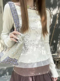 GETADME Y2k Aesthetic Cotton Tshirts Women All Match Tees Lace Patch Sexy Grunge Print T Shirt Long Sleeve Crop Top 2025 Fairy Clothes