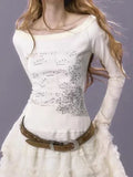 GETADME Y2k Aesthetic Cotton Tshirts Women All Match Tees Lace Patch Sexy Grunge Print T Shirt Long Sleeve Crop Top 2025 Fairy Clothes