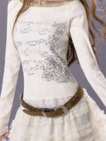 GETADME Y2k Aesthetic Cotton Tshirts Women All Match Tees Lace Patch Sexy Grunge Print T Shirt Long Sleeve Crop Top 2025 Fairy Clothes