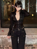 GETADME Y2k Aesthetic Women Black Sexy Blouse Slim Fit Grunge Double Zippers Vintage Crop Shirt Harajuku Streetwear Grunge Autumn Blusas