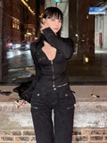 GETADME Y2k Aesthetic Women Black Sexy Blouse Slim Fit Grunge Double Zippers Vintage Crop Shirt Harajuku Streetwear Grunge Autumn Blusas