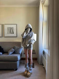 GETADME Y2k American Casual Sports Suit Lazy Hooded Cardigan Solid Color Loose Sweater Jacket Tight Shorts Gray Two Piece Set for Women