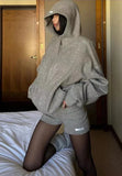 GETADME Y2k American Casual Sports Suit Lazy Hooded Cardigan Solid Color Loose Sweater Jacket Tight Shorts Gray Two Piece Set for Women