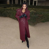 GETADME Y2k Street Long Leather Jacket Women Double Breasted Lapel Lace Up Female Coat 2025 Fashion Spring Full Sleeve Belt Lady Outwear