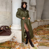 GETADME Y2k Street Long Leather Jacket Women Double Breasted Lapel Lace Up Female Coat 2025 Fashion Spring Full Sleeve Belt Lady Outwear