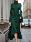 Getadme Yeezzi Women's Vintage Elegant Solid Color High Neck Evening Dresses 2025 New Autumn Long Sleeves Urban Casual Office Midi Dress