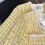 GETADME Yellow Luxury Woven Small Fragrance Jacket Women's Casual Fashion Loose O Neck Long Sleeve High Quality Sweet French Tweed Coat