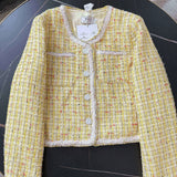 GETADME Yellow Luxury Woven Small Fragrance Jacket Women's Casual Fashion Loose O Neck Long Sleeve High Quality Sweet French Tweed Coat