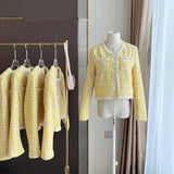 GETADME Yellow Luxury Woven Small Fragrance Jacket Women's Casual Fashion Loose O Neck Long Sleeve High Quality Sweet French Tweed Coat