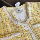 GETADME Yellow Luxury Woven Small Fragrance Jacket Women's Casual Fashion Loose O Neck Long Sleeve High Quality Sweet French Tweed Coat