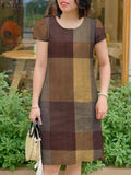 GETADME ZANZEA Women Vintage Short Sleeve Plaid Checked Dress 2025 Summer Sundress Stylish O Neck Knee Length Work Vestidos Robe Femme