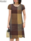 GETADME ZANZEA Women Vintage Short Sleeve Plaid Checked Dress 2025 Summer Sundress Stylish O Neck Knee Length Work Vestidos Robe Femme