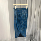 Getadme Zadig Summer Skirt Women Elegant Solid Color Blue Half Dress Female Stitching Spring Skirts Elastic Waist Pleated Lady Skitr
